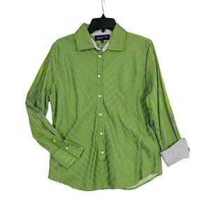Jones New York Signature Button Down Shirt Womens L Green Striped Long Sleeve EX